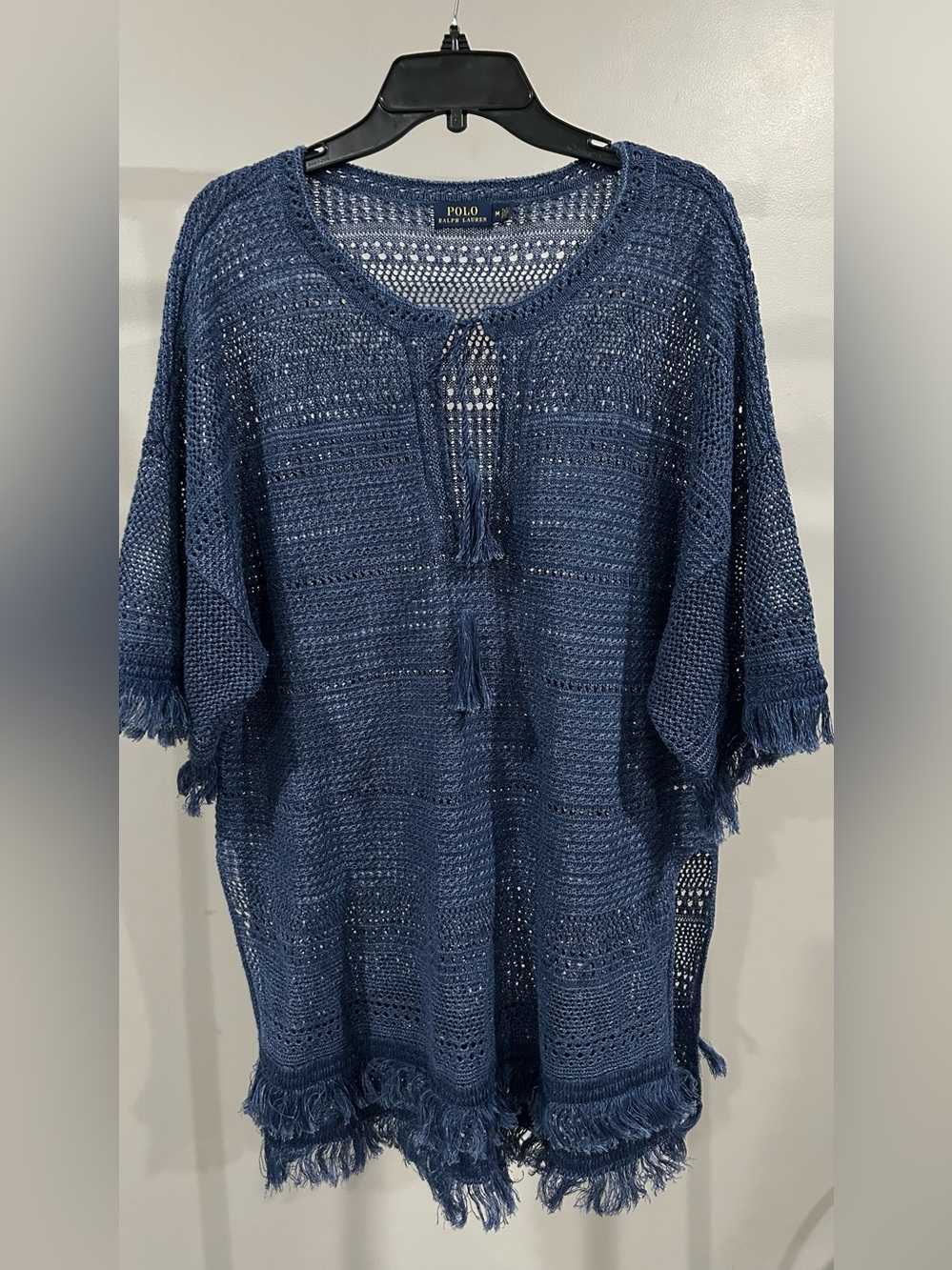 Polo by Ralph Lauren Navy Open-Knit Fringe Beach Cover-Up 100%linen